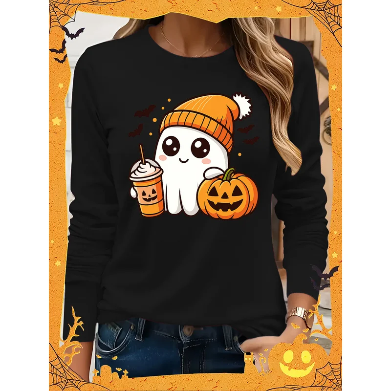 Halloween Cute Ghost Pumpkin Coffee Graphic Women Long Sleeve Tee Casual Daily Tops