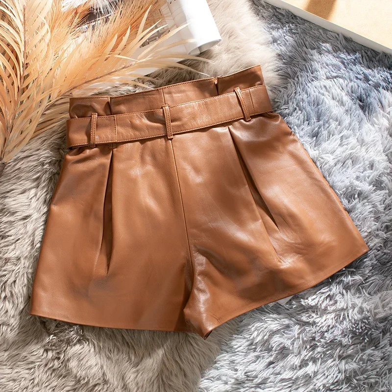 Female High Waist Shorts Summer 2024 Real Sheepskin Leather Shorts for Women Slim Women\'s Short Ropa Para Mujer Zjt2444