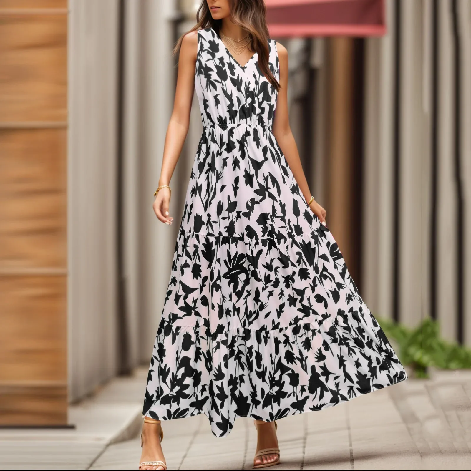 

Multi-colors Floral Sleeveless Dress Women Summer Loose A-line Knee-length Empire Leisure Vestido Cozy Basic Lace-up Loose Dress