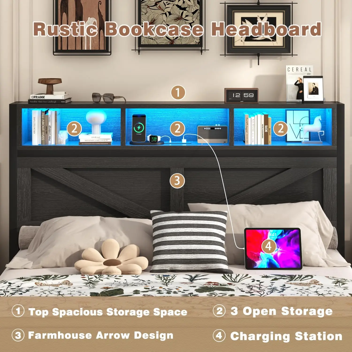 إطار سرير المزرعة مع خزانة الكتب ومحطة شحن اللوح الأمامي وإضاءة LED ودرجين تخزين خالية من الضوضاء بدون صندوق زنبركي Ne