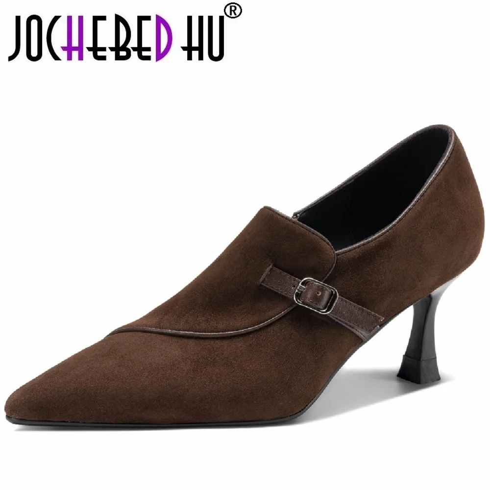 

【JOCHEBED HU】Women's Handmade natural suede Genuine leather pointed toe thin high heel elegant ladies daily heeled shoes 34-40