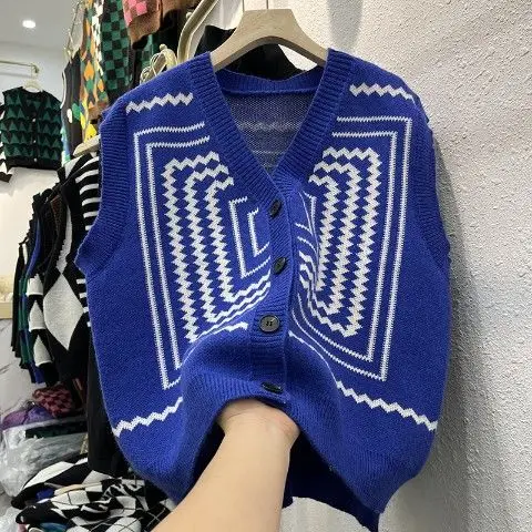 Gebreide Vest Vrouwelijke Voorjaar 2023 Nieuwe V-Kolom-Gratis Dressing Retro Jacquard Golvend Grid Trui Vest Ins Mouwloze casual Trui Vest