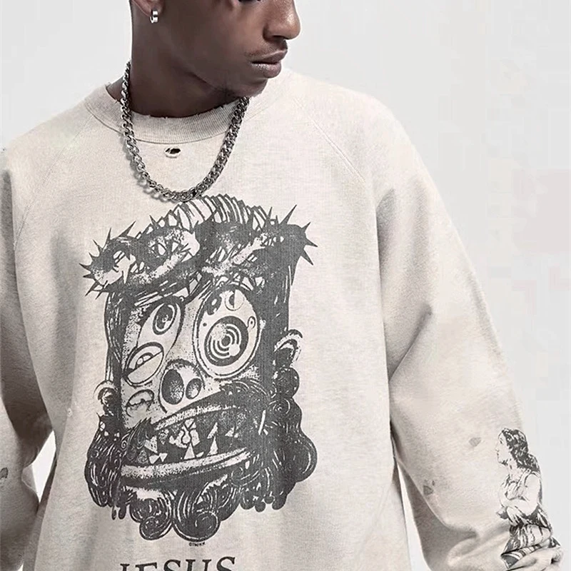 

Retro Hand-Dn fiti Distred Collaborative Loose Bla White Print Sweatirt Cotton Polyester Youth Casual Long S...