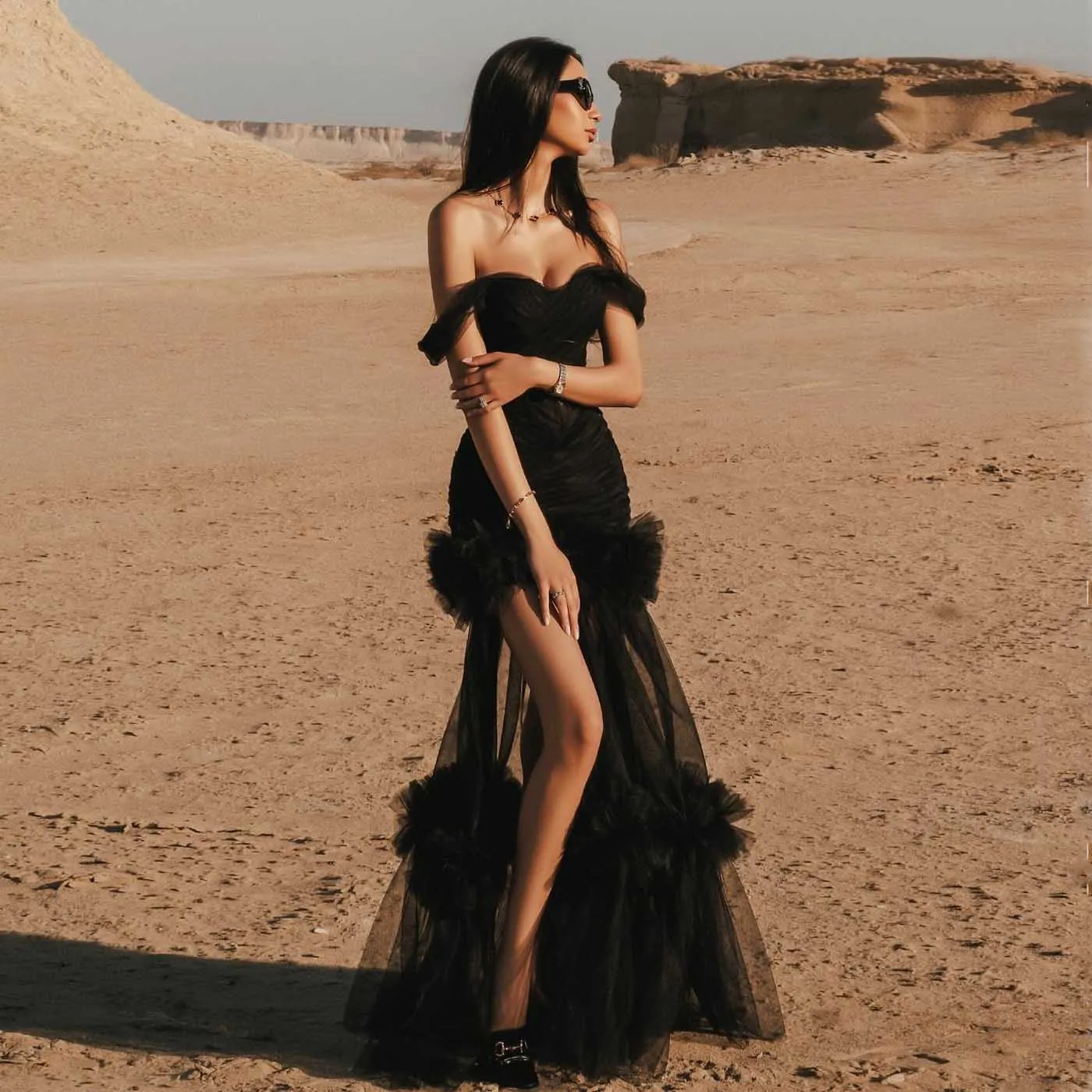 2026 Abito per occasioni formali Morbido tulle Abiti da sera neri Abiti da festa lunghi in tulle a strati Abito da compleanno per donna Servizio fotografico Abito da sposa