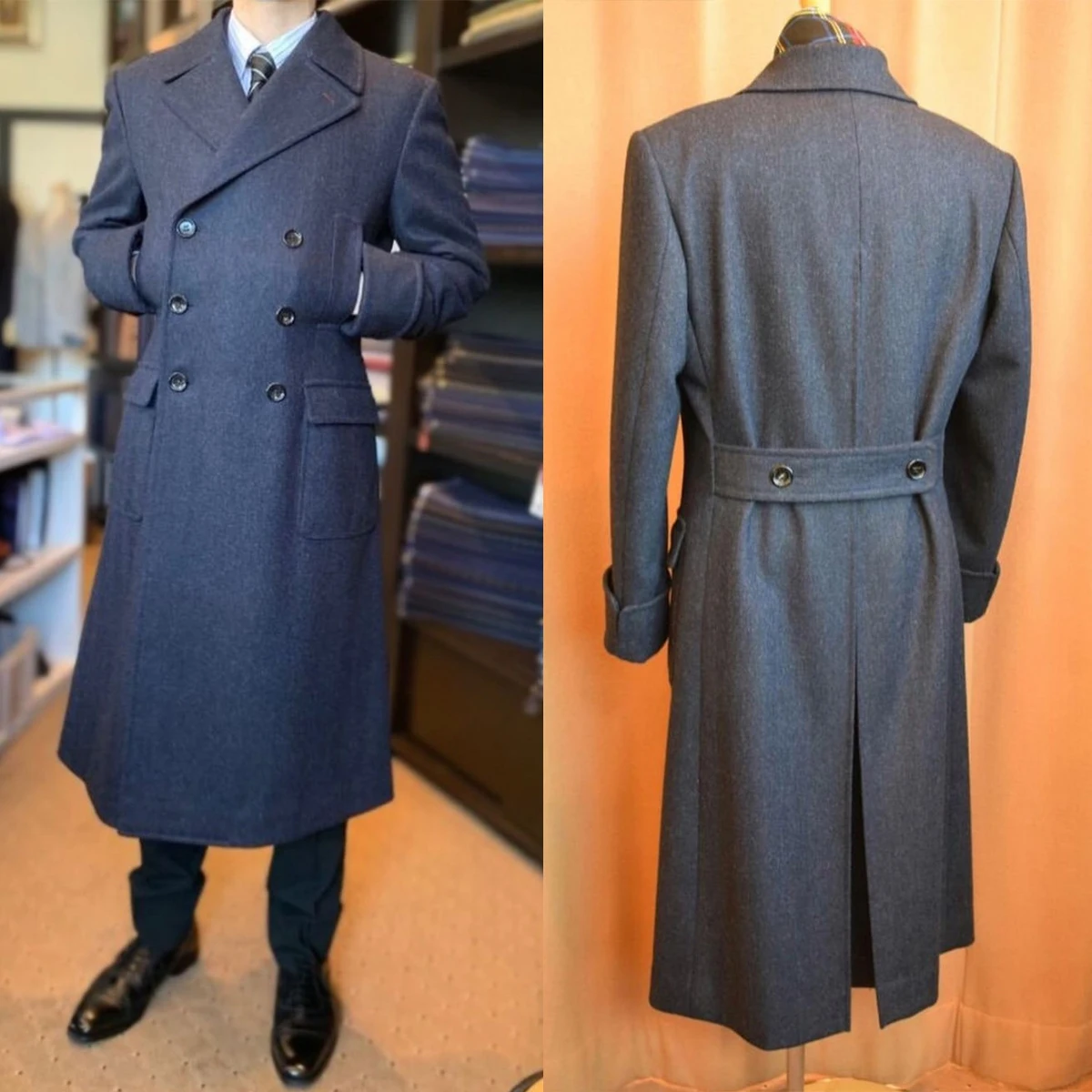 England Style Winter Woolen Coat For Men Plus Size Double Breasted Tweed Thick Trench Coat Customized Formal Wear Winter Jacket