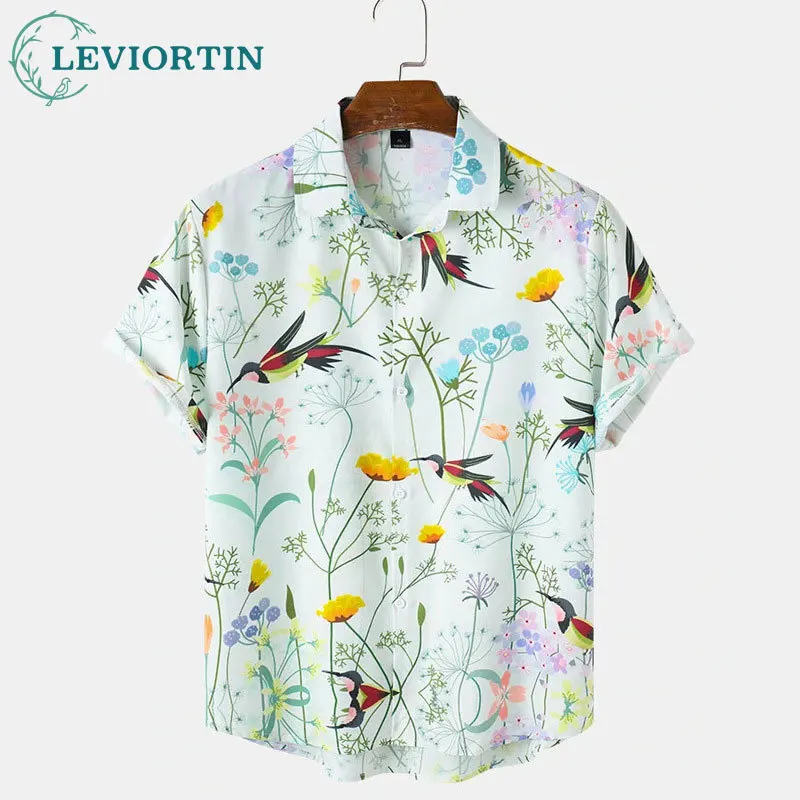 2025 summer Chinese style new European and American men's casual loose bird song floral print beach print short sleeved shirt