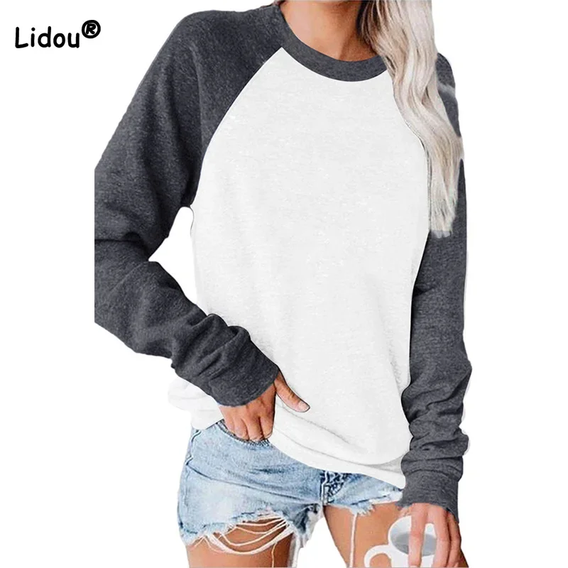 

Simplicity Round Neck Contrasting Colors Patchwork Long Sleeve T-Shirts Spring Autumn Women's Clothing Loose Pullover Sweats Top