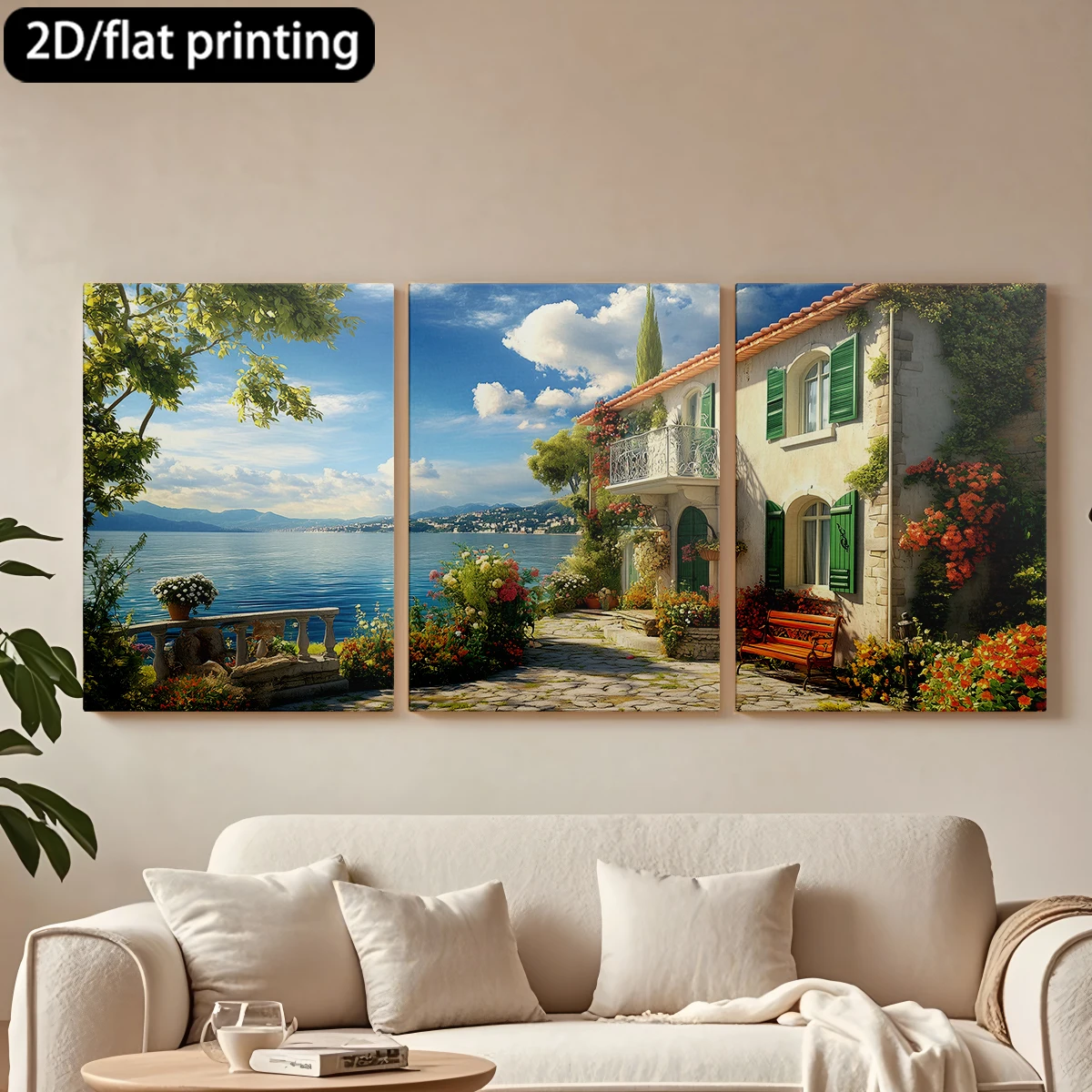 

Набор из 3 картин на холсте в деревянной раме: очаровательная вилла на берегу озера, цветочный дворик. Декор для коридора и спальни.