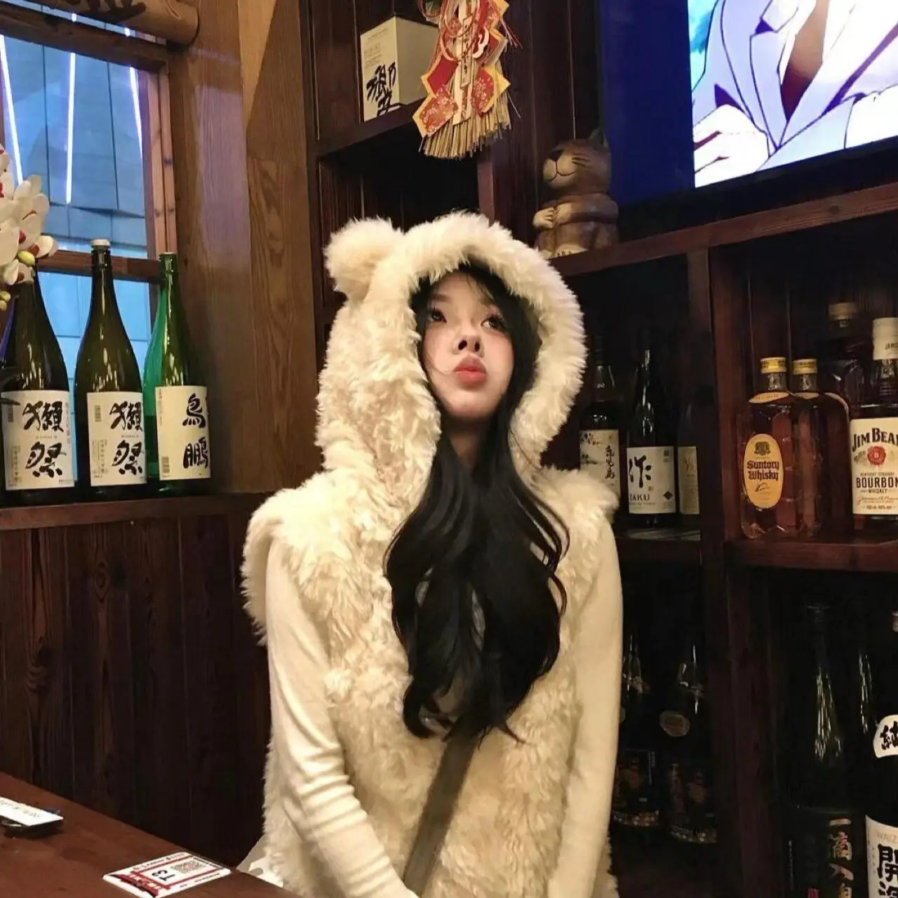 

Casual Zipper Tanks Furry Waistcoat 2025 Autumn Winter Clothes Bear Ears Hooded Cute Vests Jackets Women Clothing Faux Lamb Fur