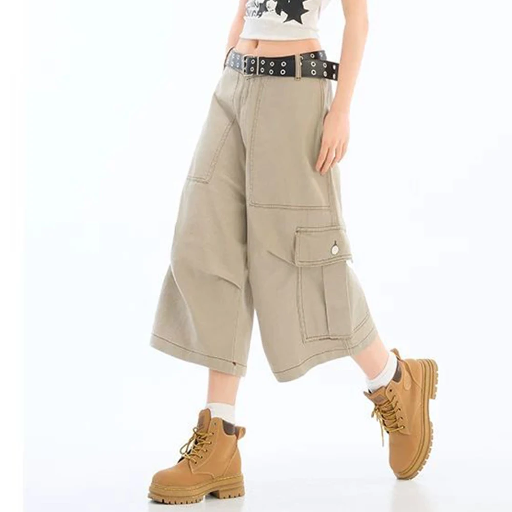 Khaki American versatile multi-pocket loose tooling shorts women's 2025 summer high-end wide-leg cropped pants