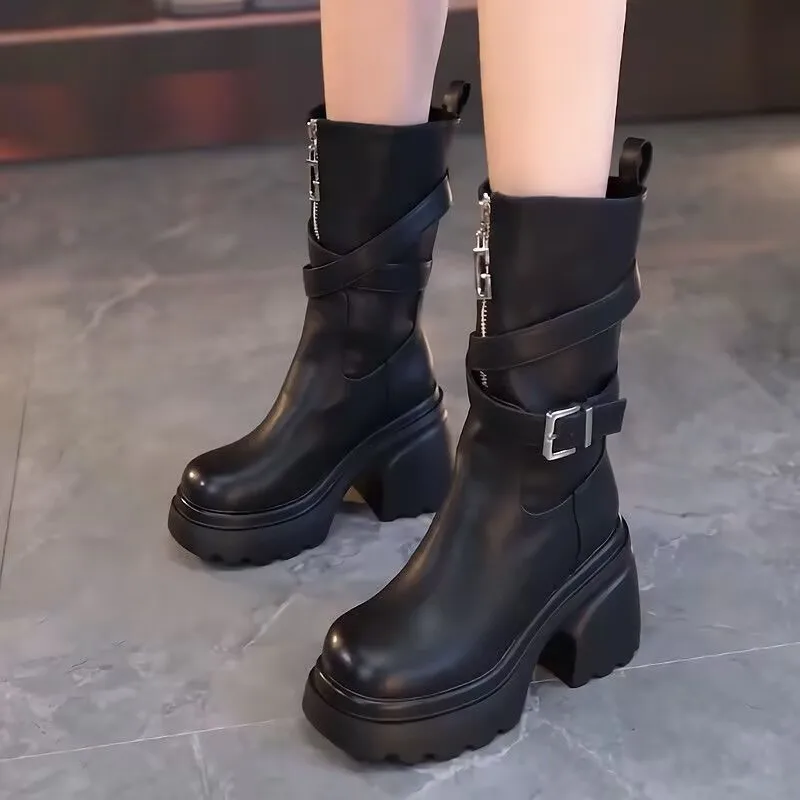 

Women High-heeled Belt-buckle Boots 2025 New Autumn Winter Plush Warm Boots Women's Fashionable Zipper British Motorcycle Boots