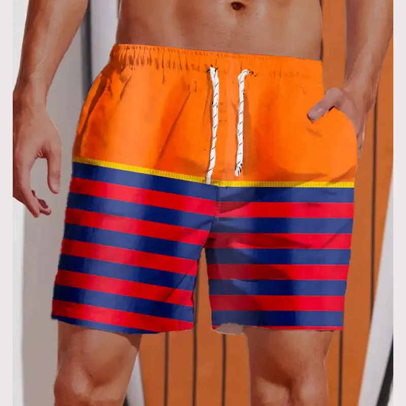 3D Printed Striped Flame Beach Shorts Men\'s Splicing Grid Pattern Board Shorts Summer Drawstring Breathable Hawaiian Swim Trunks