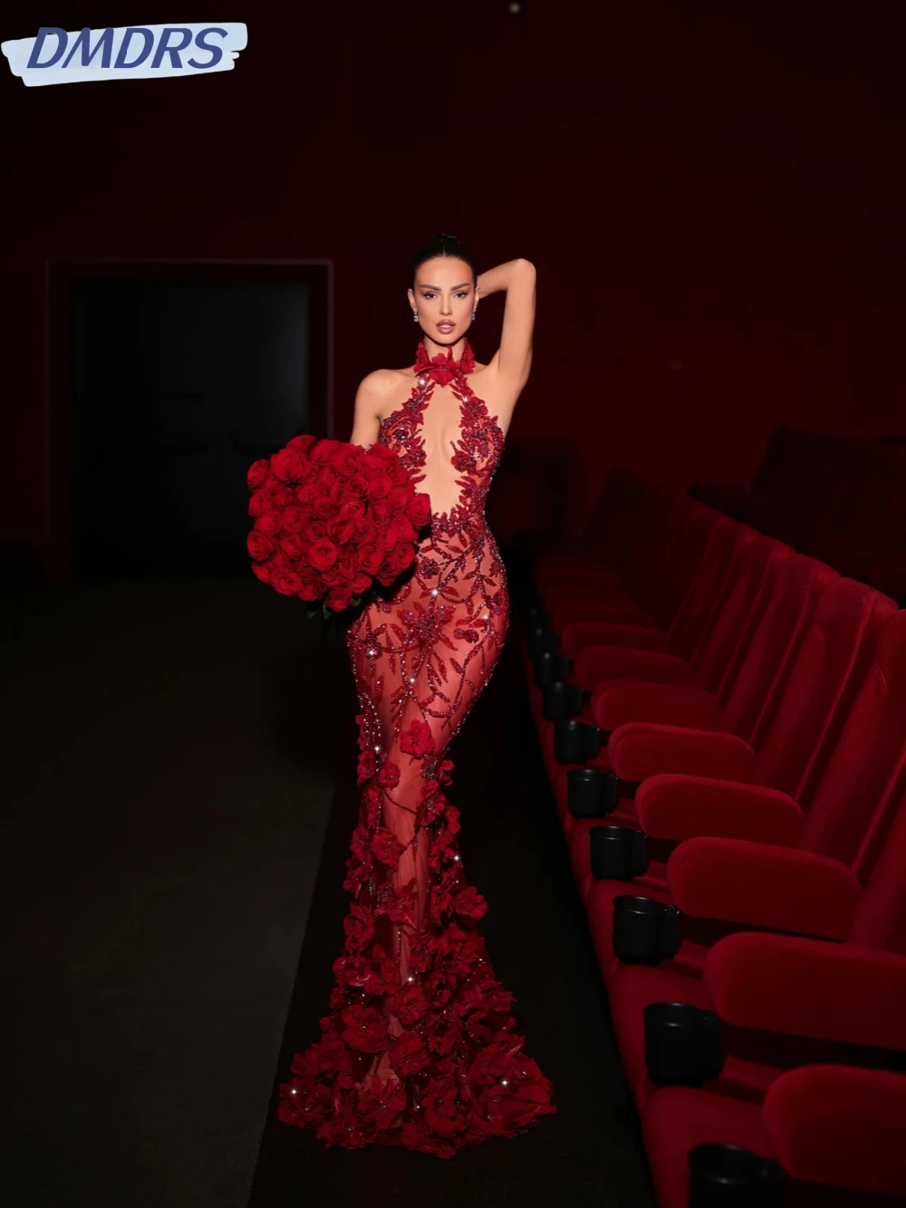 

Red Illusion Beaded Long Evening Dress Sexy Halter Sleeveless Mermaid Wedding Party Gown Customized Luxury Shiny Prom Dresses