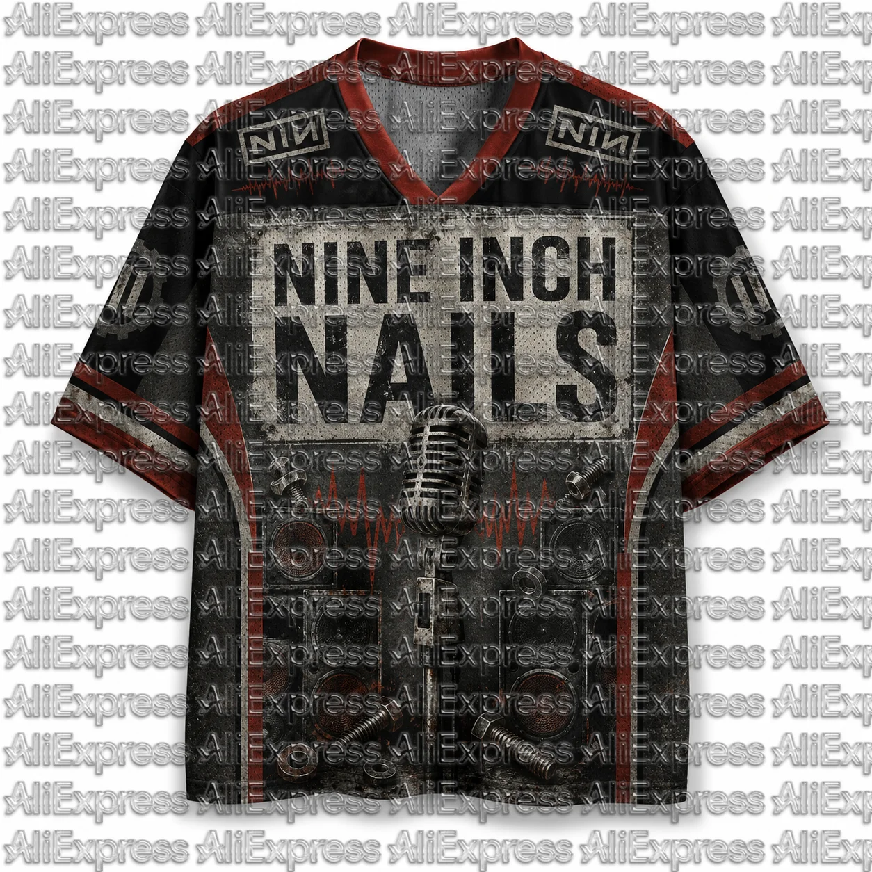 Nine Inch Nail NIN Pattern Men's Mesh V-neck Short Sleeved T-shirt Retro Industrial Rock Band Unisex Street Sports Top