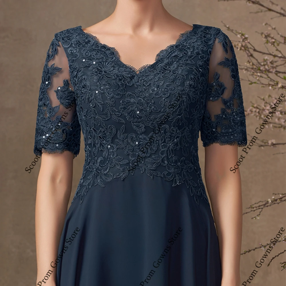 Navy Blue Mother of Bride Dresses with Chiffon Short Sleeve Wedding Party Dresses Women 2025 Summer New Beach Robe De Soirée