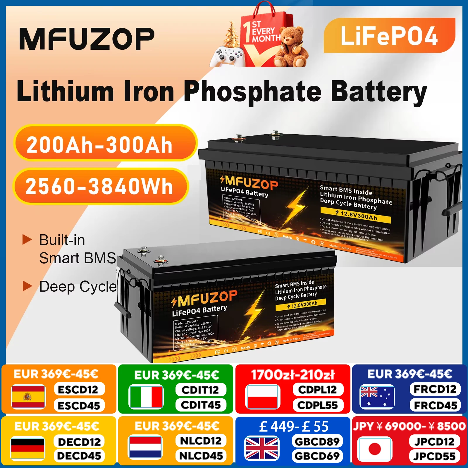 

DATOUBOSS 12V 200 300Ah Portable Rechargeable LiFePO4 Battery 3840Wh Built in Smart BMS Deep Cycle 10000+ for RV Solar No VAT