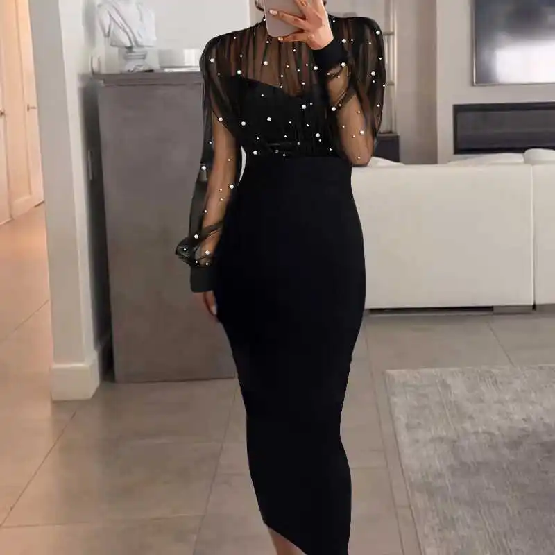 Ele Gentle Sle Long Sve Me เลื่อม Splice Bodycon Dr ผู้หญิงเซ็กซี่ Midi Dr ผ้าโพลีเอสเตอร์ All Seasons Wear