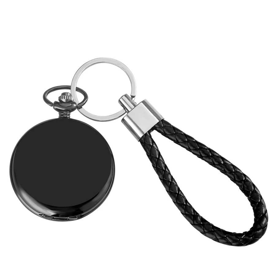 Black Smooth Quartz Pocket Watch Analog Arabic Number Dial Round FOB Clock with Leather Rope Chain