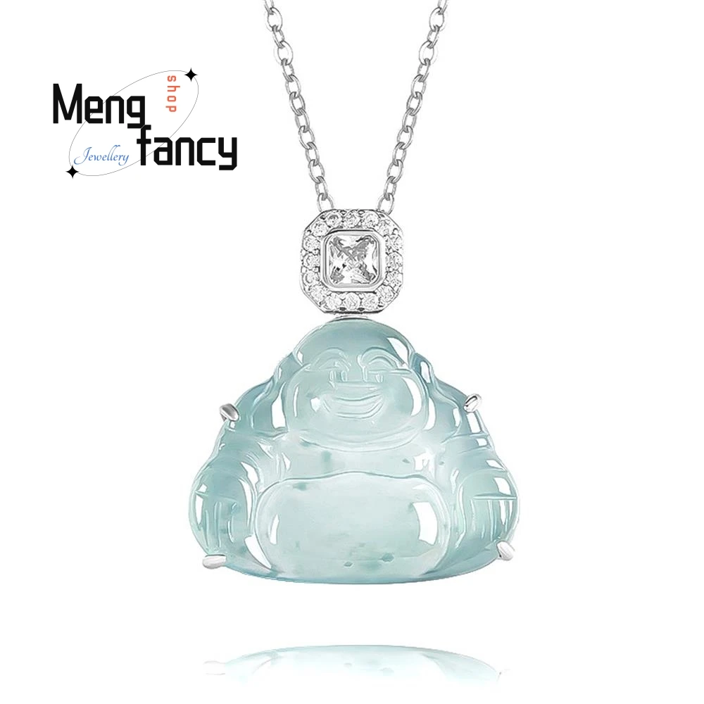 

Elegant Natural A-goods Jadeite Blue Water Buddha S925 Silver Inlaid Ice Jade Pendant High-grade Fashion Jewelry Holiday Gifts