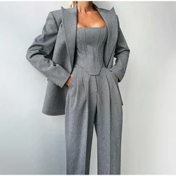 Elegant Solid Women's Blazer Coats Pants 3 Pieces Sets Casual Long Sleeve Coat Fishbone Top High Waist Wide Trousers Lady Suits