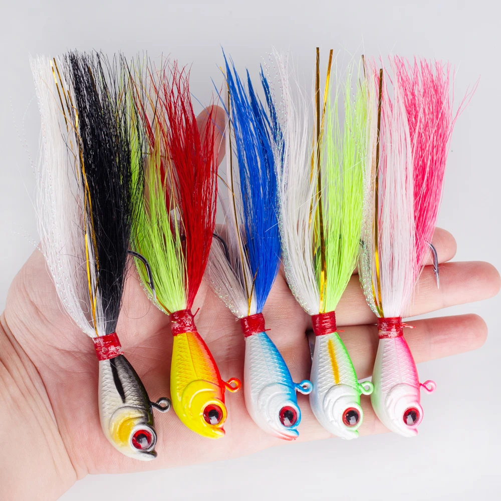 5Pcs Jig Kopf Bucktail Haken 14g/21g/28g/42g/56g künstliche Casting Köder Metall Angeln Jig Köder 3D Auge Swimbait mit Haken – Detail 8