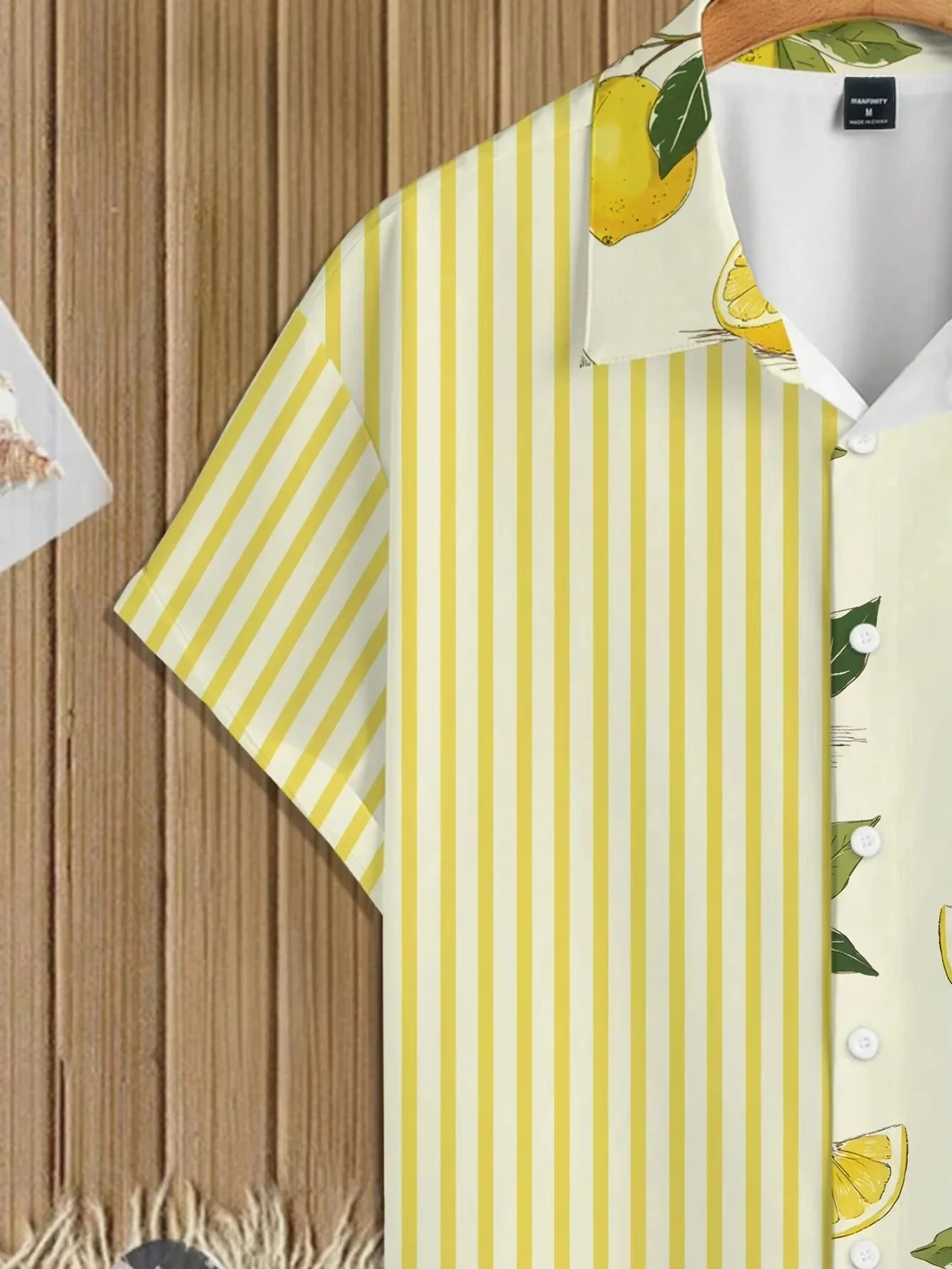 New Mature Men's Striped & Lemon Splicing Short Sleeve Vacation Shirt Shirt Men's Clothing Check Shirt New In Tops Tee Fashion