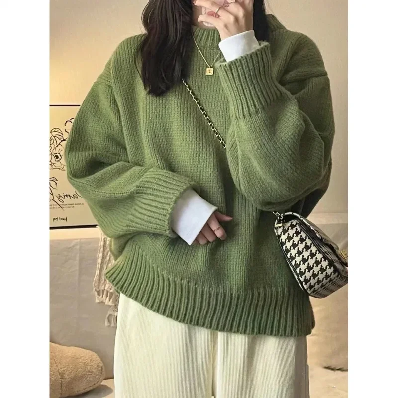 Japanese Vintage Green Round Neck Pullover Sweater Women's Loose Fit Casual Style Thickened Autumn Winter Outerwear Knit Top