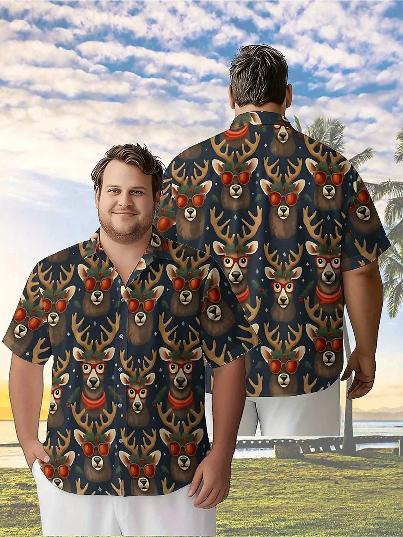 Men's Plus Size Hawaiian Shirts Christmas Theme Antler Glasses pattern,Premium Comfort Youth Clothes,Streetwear Y2K Tops