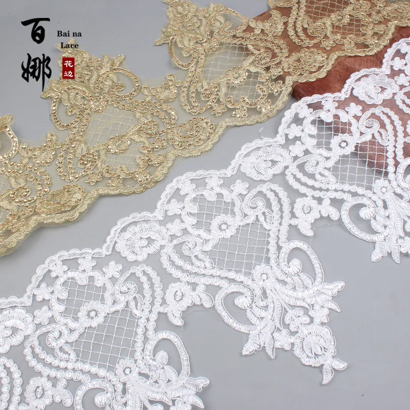 1 Yard 25cm wide Gold Ivory Sequin Cording Fabric Flower Venise Venice Mesh Lace Trim Applique Sewing Craft for Wedding Dec.