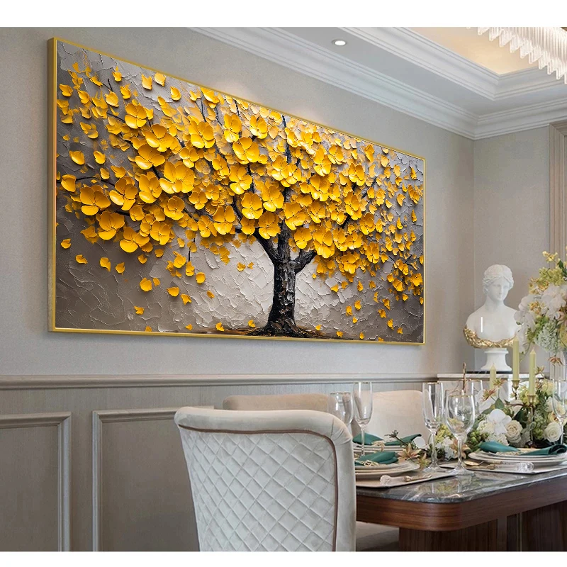 Yellow Blossom Flower Leaves Painting Print Blooming Tree Wall Art Textured Tree of Life Canvas Wall Art Nature Art Home Decor