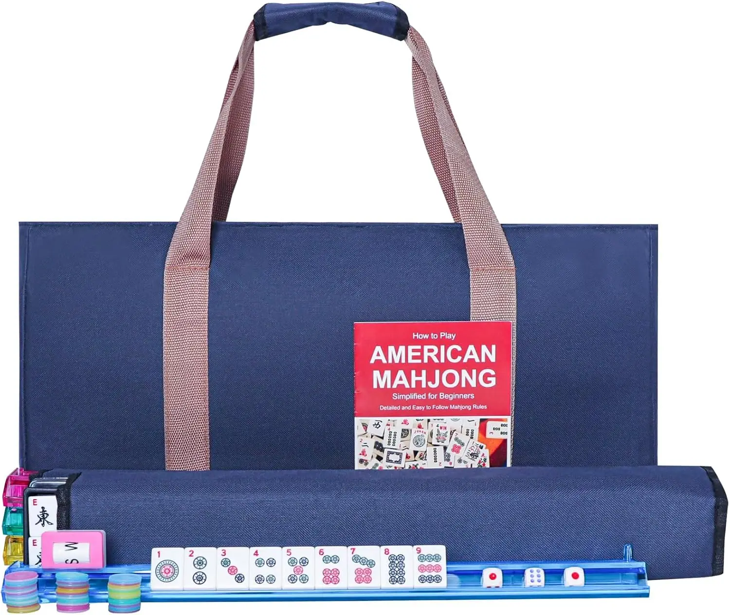 

166 Premium Mahjong Tiles Set with 4 Color Racks & Pushers, Blue Carrying Bag
