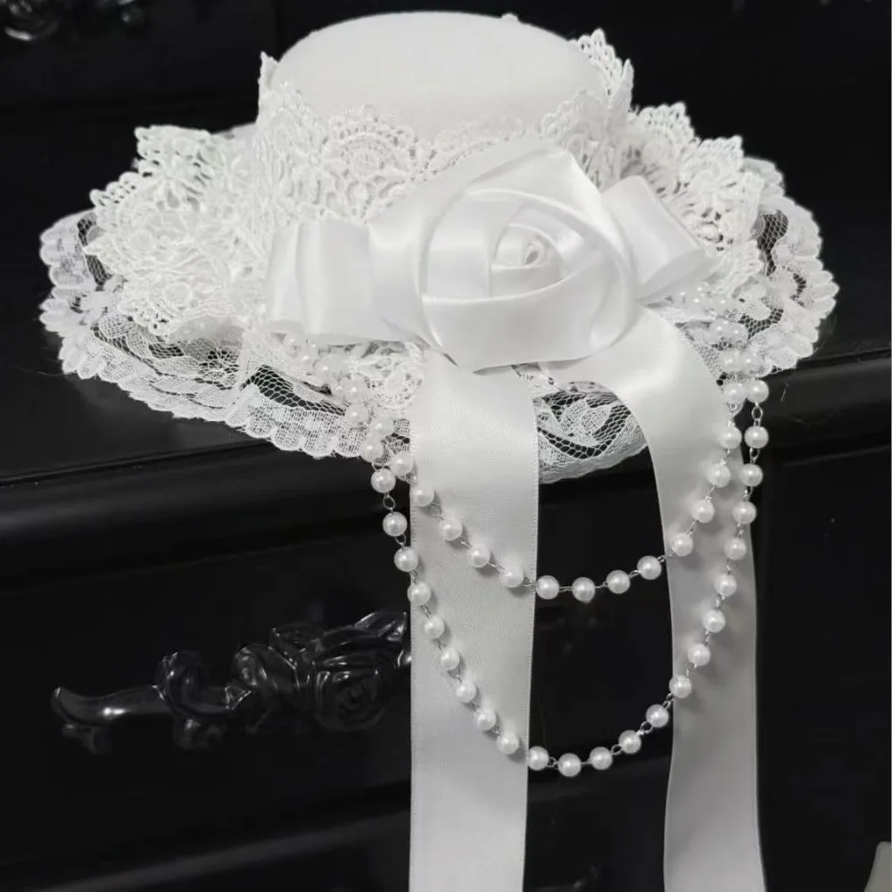 

Retro Black/White Color Hair Clip Chain Bow Lace Trim Lolita Headdress Gothic Rose Headband