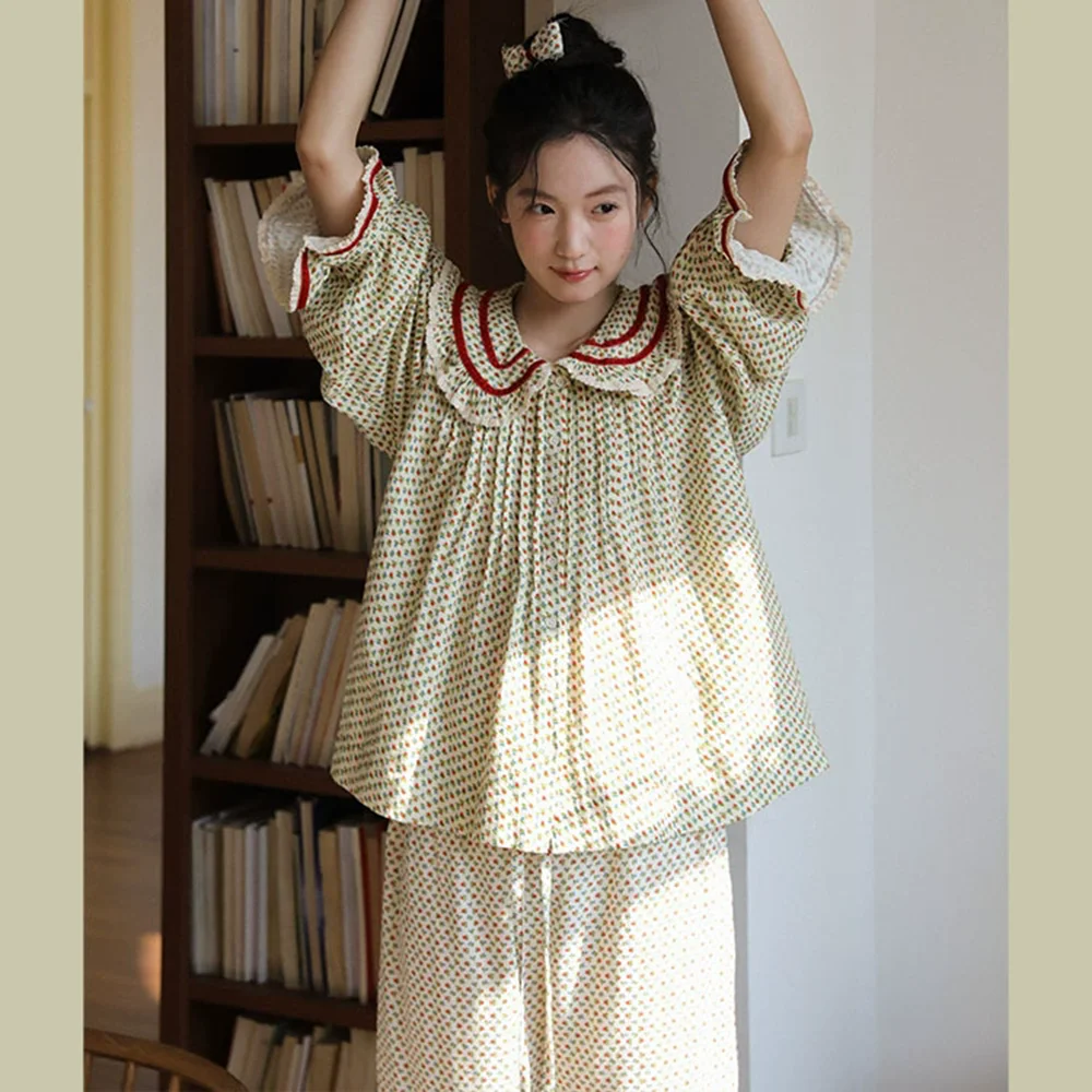 

2026 new 100% cotton sweet rose floral printing home wear set princess women loose 2 pieces pajamas sets for spring summer