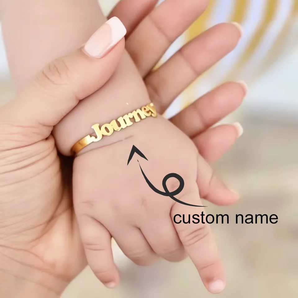 

Браслет с именем ребенка, индивидуальный браслет с именем для ребенка, браслет из нержавеющей стали с покрытием из 18-каратного золота, индивидуальные детские украшения для рождения