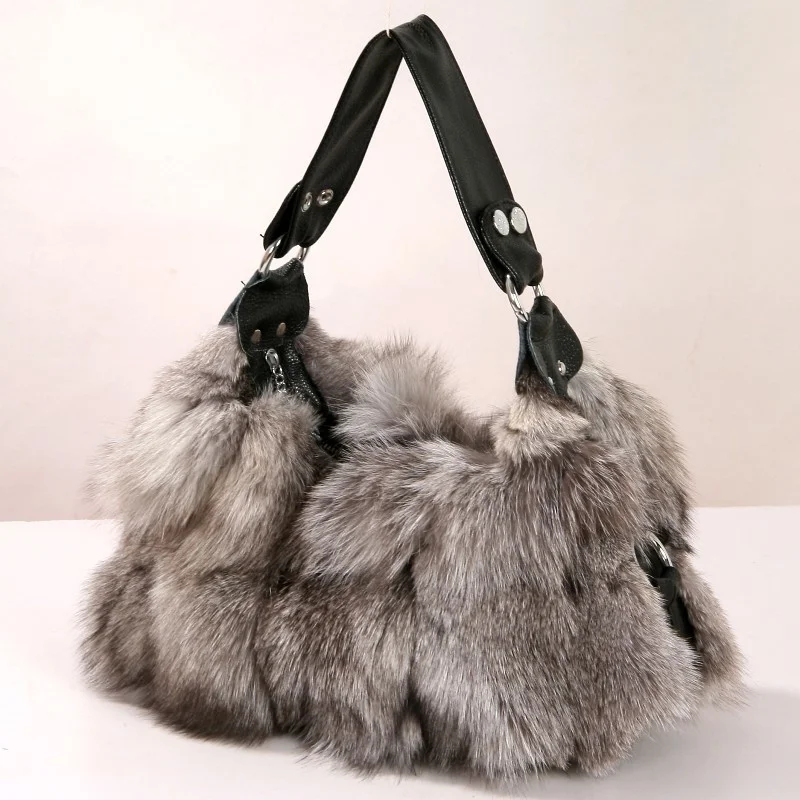 Winter Fox Fur Bag Women\'s Fur Bag Fashion Fur Handbag Ladies Bags Purses Women Shoulder Bag Real Silver Fox Fur Messenger Bags