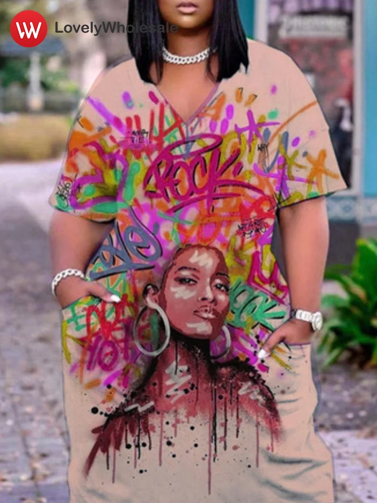 LW Plus Size Graffiti Figura Abiti con stampa per le donne 2025 Primavera Estate Nuovo scollo a V Abito a maniche corte Abito longuette casual femminile