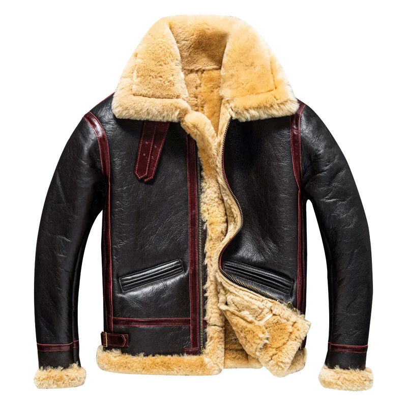 

Winter Dark Brown Men's Shearling Jacket Military Style Plus Size 4XL Natural Sheepskin Thick B3 Bomber Genuine Leather Coats