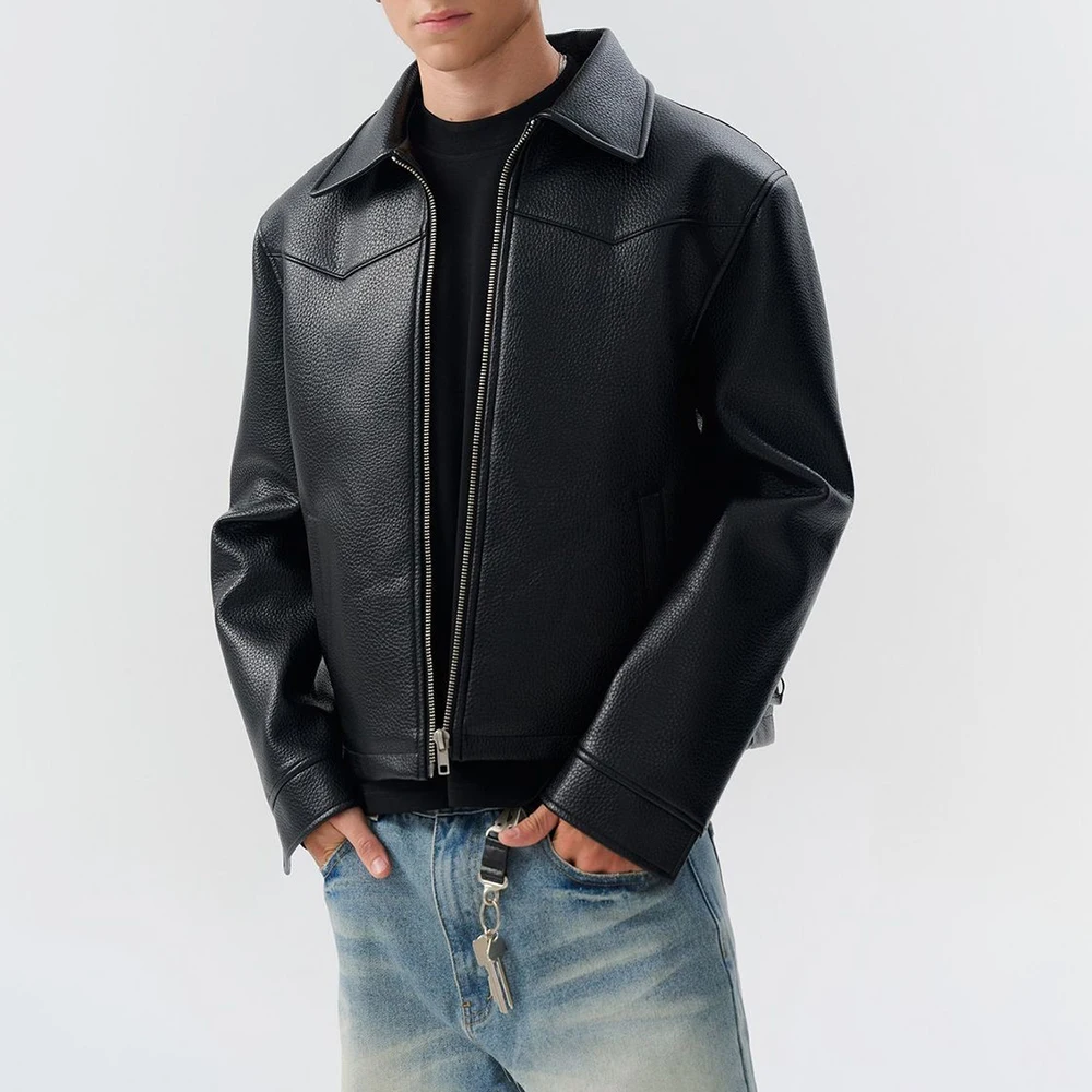 

Мужская кожаная куртка на молнии с длинными рукавами, однотонная, в американском ретро-стиле, модная, уличная, свободная, повседневная, нишевая, мужская верхняя одежда