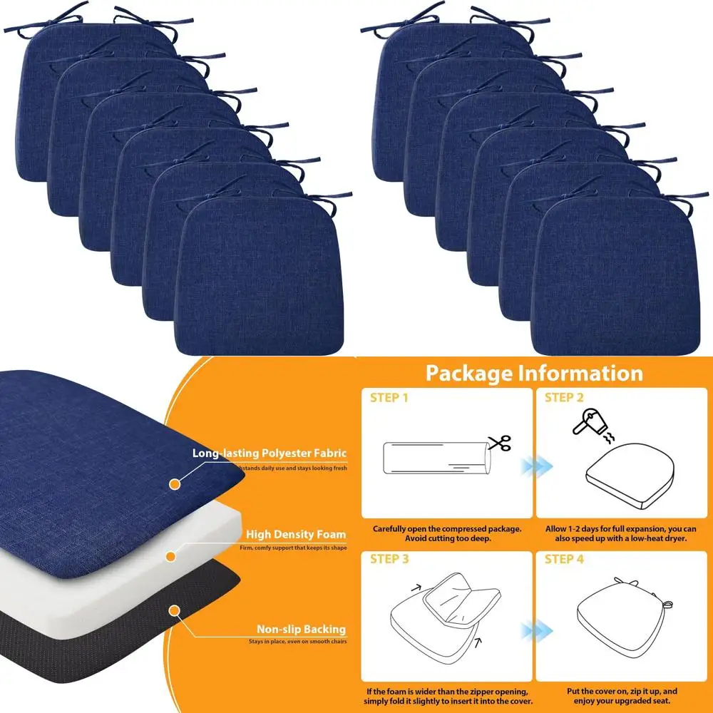 

Blue 2 Thick Washable Seat Cushions for Dining Chairs, Set of 6, 17 x 16, Non-Slip D-Shaped Pads
