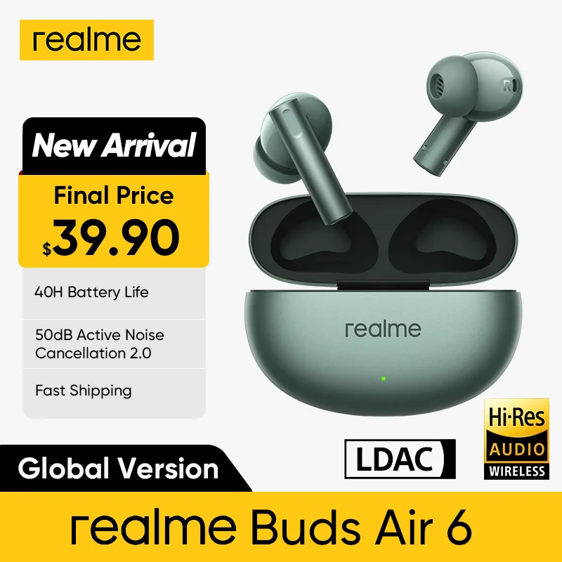 

Global Version realme Buds Air 6 Wireless Earphone 50dB Active Noise Cancelling Bluetooth 5.3 40 Hour Battery Life Headphone