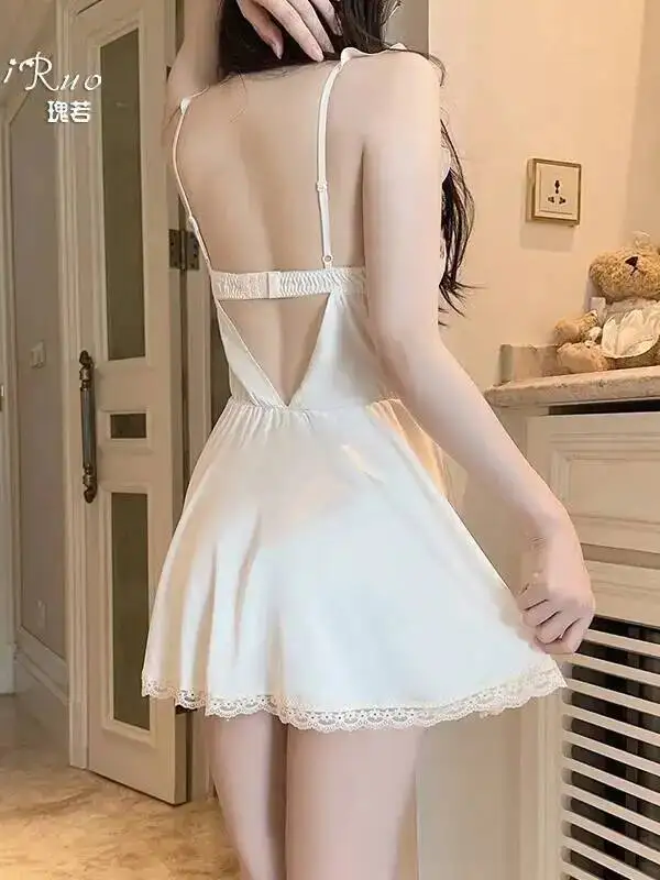 레이디 아이스 실크 드레스 딥 V 섹시 가슴 패드 포함 순수한 매력 레이스 트림 백리스 딥 V 슬리브리스 드레스 OGCW