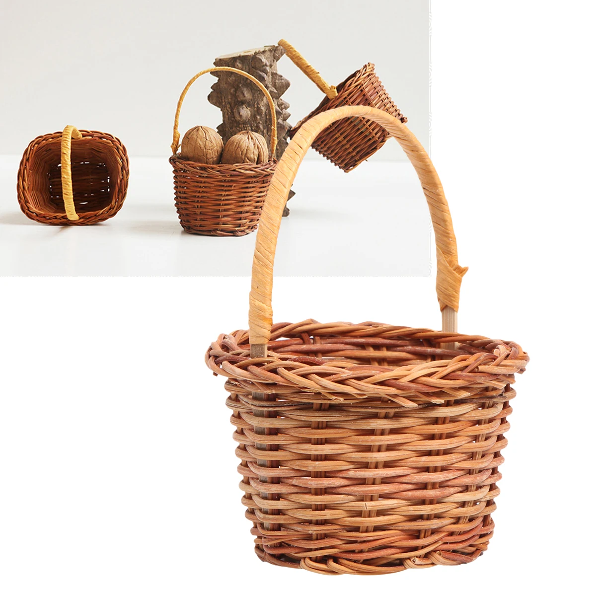 

1Pcs Mini Woven Basket Light Brown Handmade Decorative Small Desktop Storage Creative Photo Props DIY Nursery Home Decor