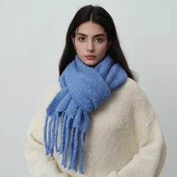 Blue Wool Tassel Solid Color Knitted Scarf for Women Winter Warm Atmosphere Soft Shawl Scarf Foulard Musulmane Pour Femme Hijabs