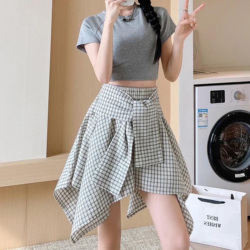 2025Y2K Onregelmatige Hoge Taille Geruite Rokken voor Vrouwen Herfst Nieuwe Harajuku Straat Mini Rok Vrouw Chic Lace-Up korte Shirts Mujer