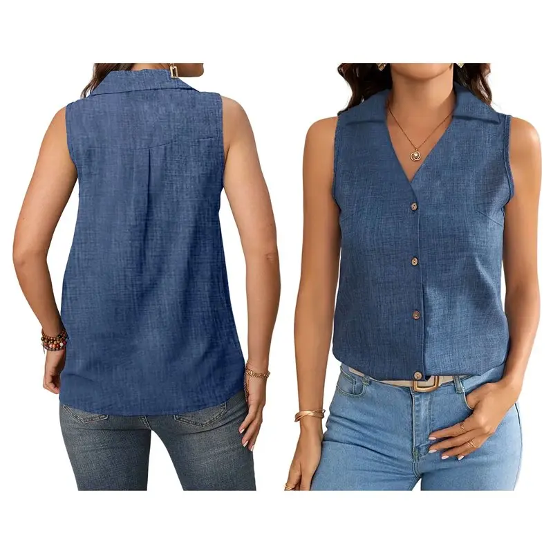 

CYL-Women's Cotton Sleeveless Button-Down Shirt For Work, Leisure, And Travel