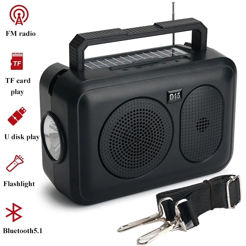 Portable Emergency Radio Solar Charging  FM Radios Wireless Hifi Stereo Bluetooth Speaker with Flashlight Support TF Card USB