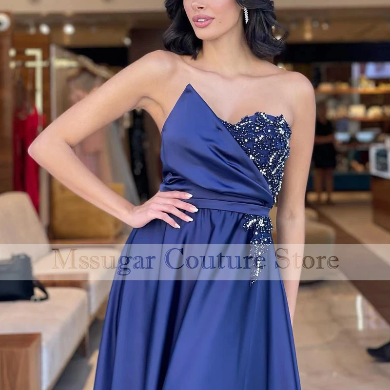 Elegant Strapless Evening Gowns Sleevless Beadings Satin Custom Made Girls Pageant Dress Floor Length Women Robes de soirée