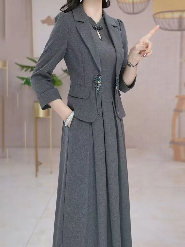 Middle Aged Women Fashion Sets Spring Autumn High End Blazer Jacket + Sleeveless Dresses 2 Piece Suit Mother\'s Dress Outfit