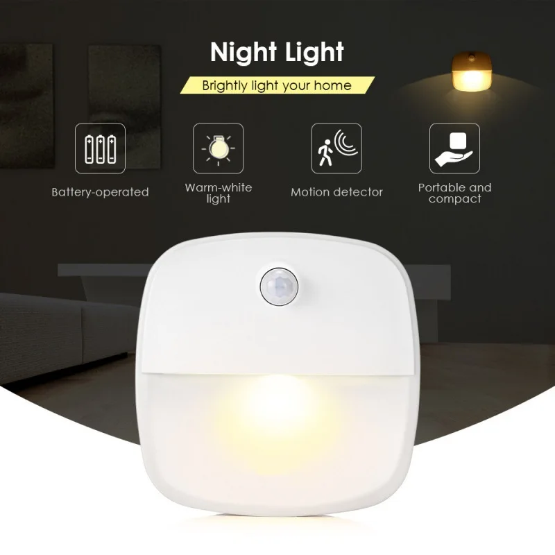 LED Motion Sensor Night Light Batteries Powered Motion Detector Led Night Lamp For Room Corridor Closet Easy Install Nightlights
