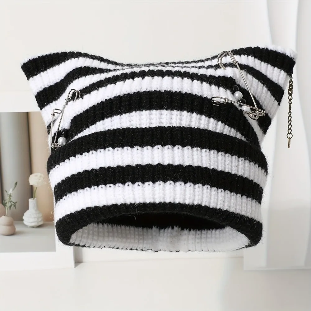 Y2K Gothic Thickened Cat Ear Beanie Soft Pin Knitted Striped Hat Chunky Polyester Warm Hat Fall